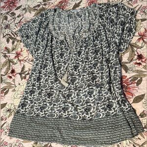 Lucky Brand Blue, Green, and White Paisley Tie-Front Tunic